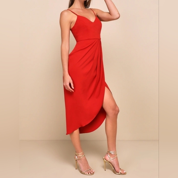 Lulus Women's Reinette Rust Red Faux Wrap Pleated Overlap Sleveless Midi Dress - Picture 3 of 16